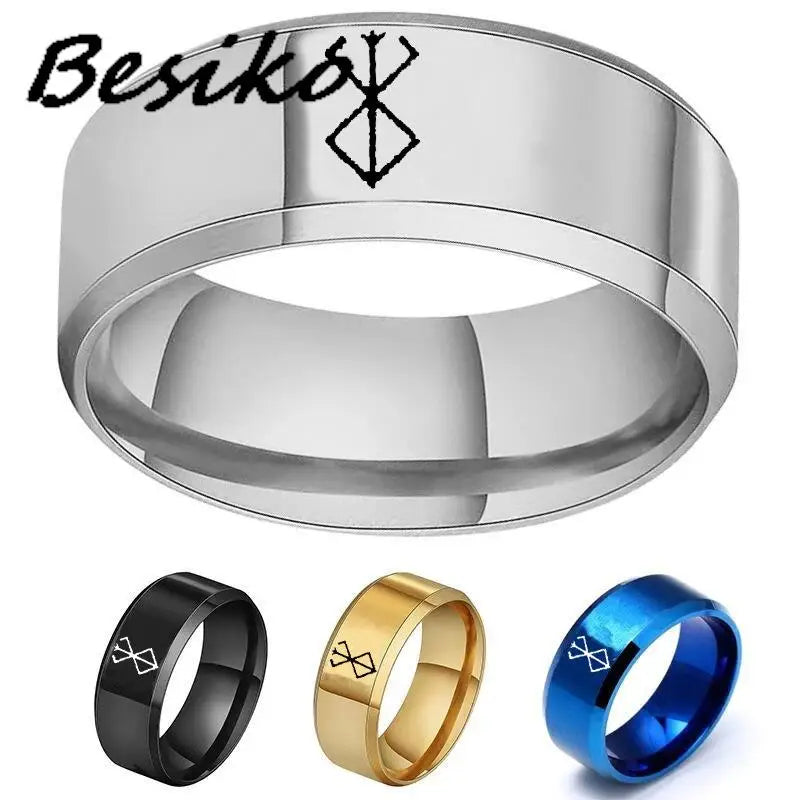 Besiko New Anime Peripheral Berserk Ring Commemorative Fashion Simple Cool Laser Stainless Steel Ring Men Women Jewelry 4 Color
